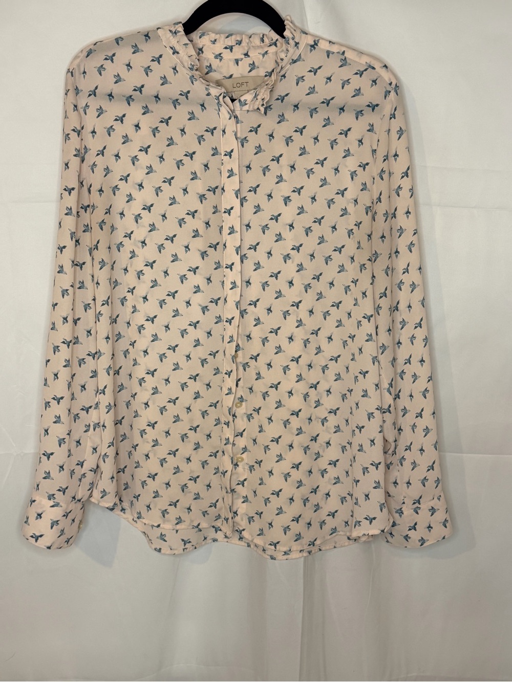 LOFT Light Pink Button-Down Blouse with Blue Floral Print